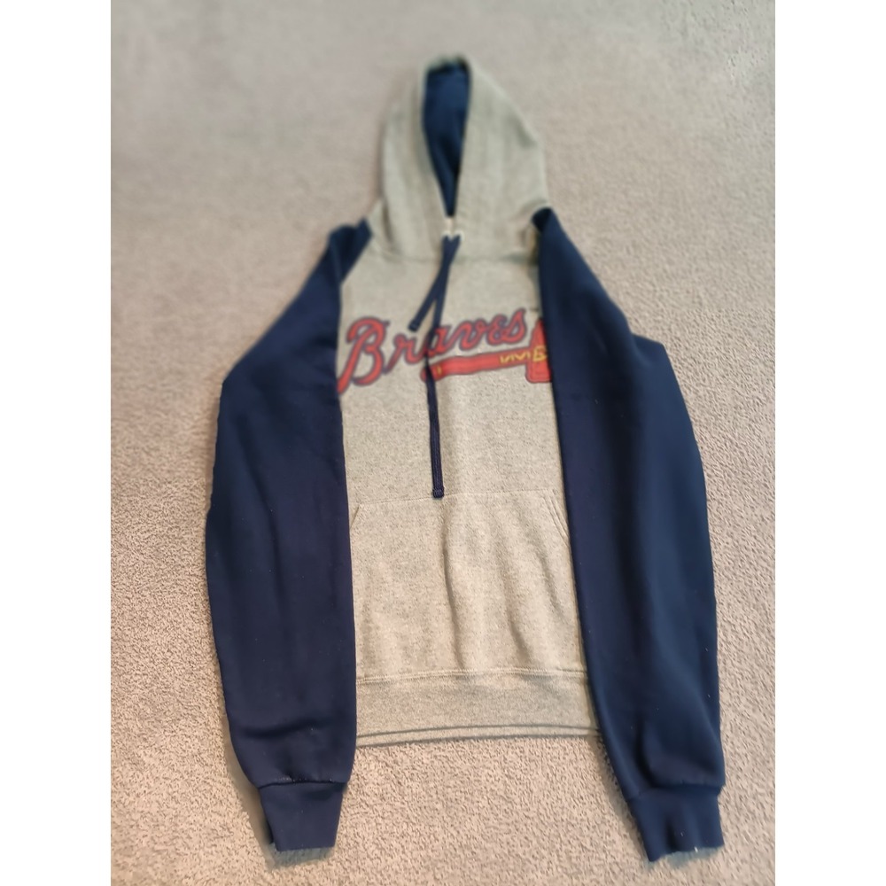 Atlanta Braves Hoodie Small S Jerzees NuBlend Gray/Navy Raglan Pullover MLB‎